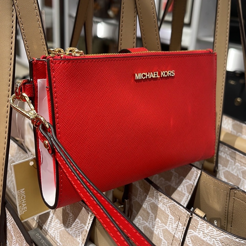 Michael Kors Jet Set Travel Large Double Zip Leather Wristlet phone holder NWT - Picture 10 of 16